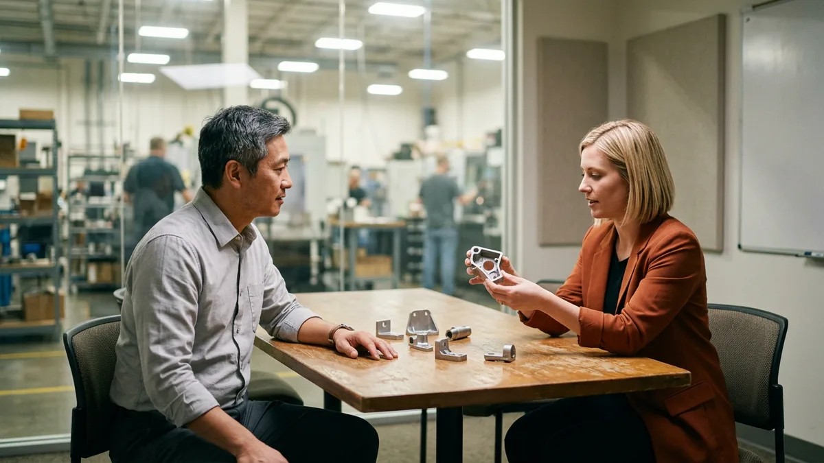 Mechanical engineer candidate in an orange blazer holding a cast metal bracket while explaining it to a hiring manager across a table beside a production floor
