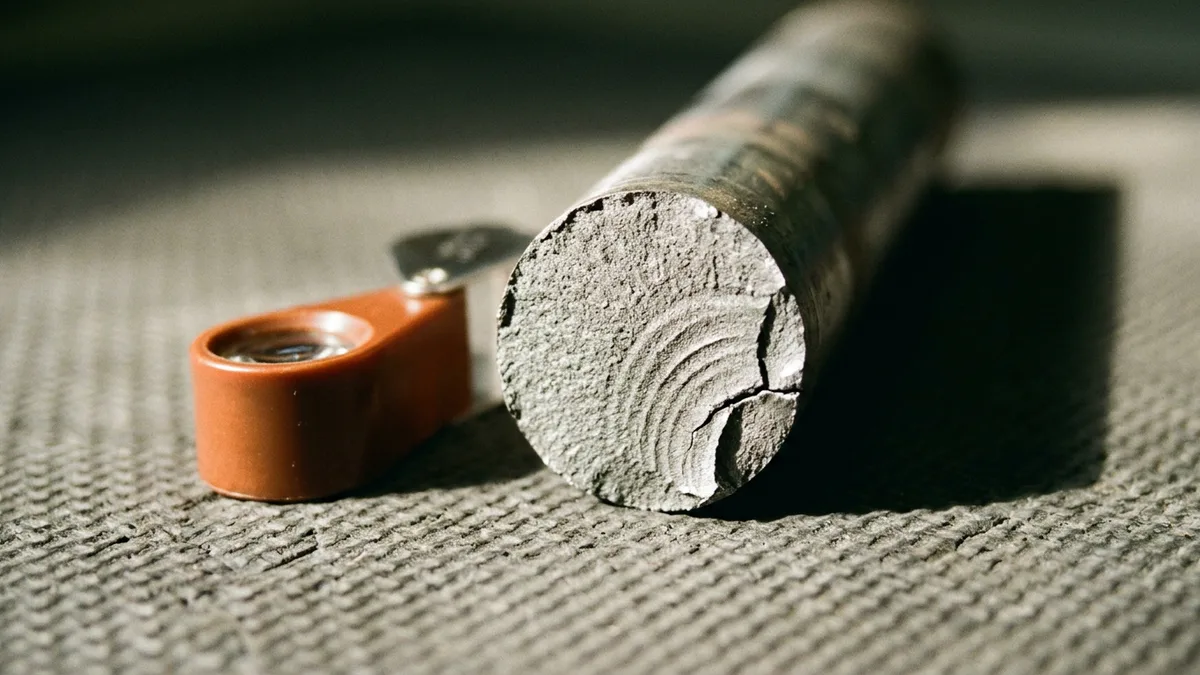 Fractured steel shaft showing curved fatigue beach marks on its fracture surface next to an orange jeweler loupe on an inspection mat