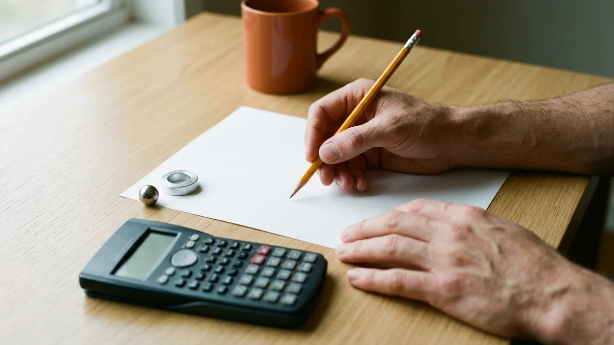 Mechanical engineer candidate working a hand calculation with a pencil on blank paper beside a scientific calculator, a steel ball bearing and an aluminum ring