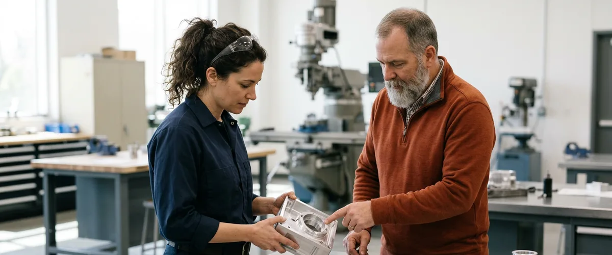 Two mechanical engineers at a steel workbench in a machine shop, a woman holding a machined aluminum housing while a man in an orange pullover points at its bore
