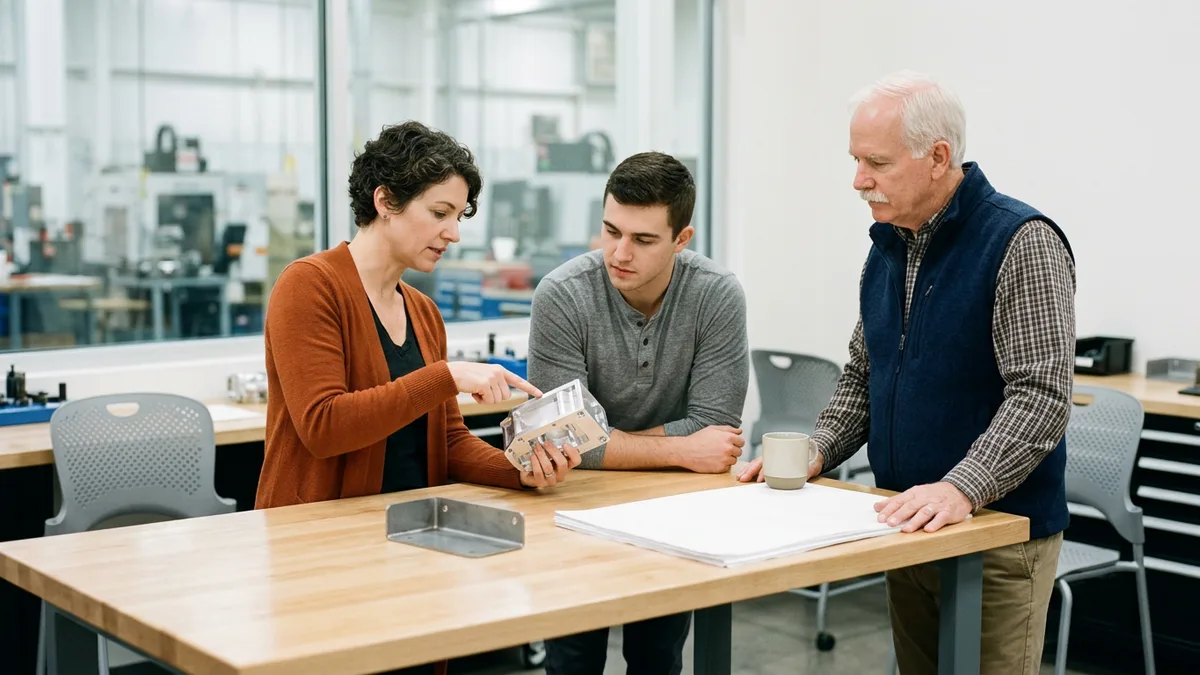 Three mechanical engineers at a tall table reviewing a machined aluminum housing and a set of blank drawing sheets