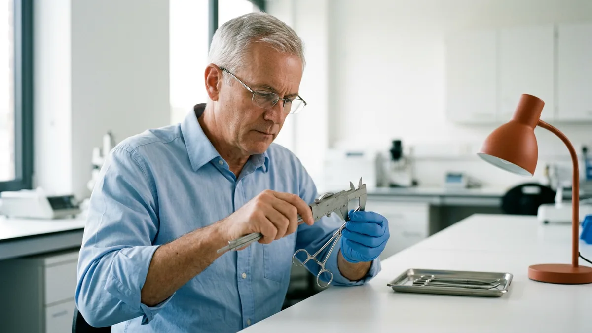 Senior mechanical engineer inspecting a machined stainless steel surgical instrument with calipers at a clean inspection bench