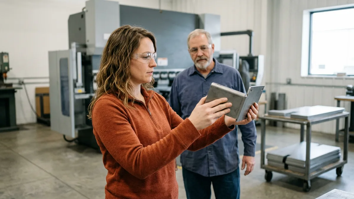 Mechanical design engineer holding a formed steel bracket beside a press brake on a fabrication floor while a machine operator looks on