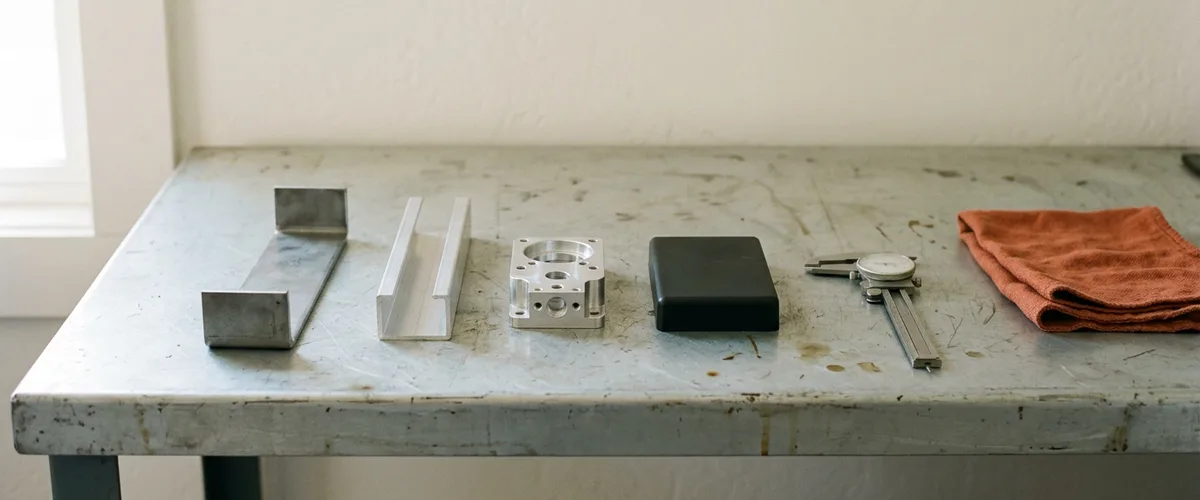 Formed steel bracket, extruded aluminum channel, machined aluminum housing, and molded black plastic cover laid out on a steel workbench beside a dial caliper and an orange shop rag