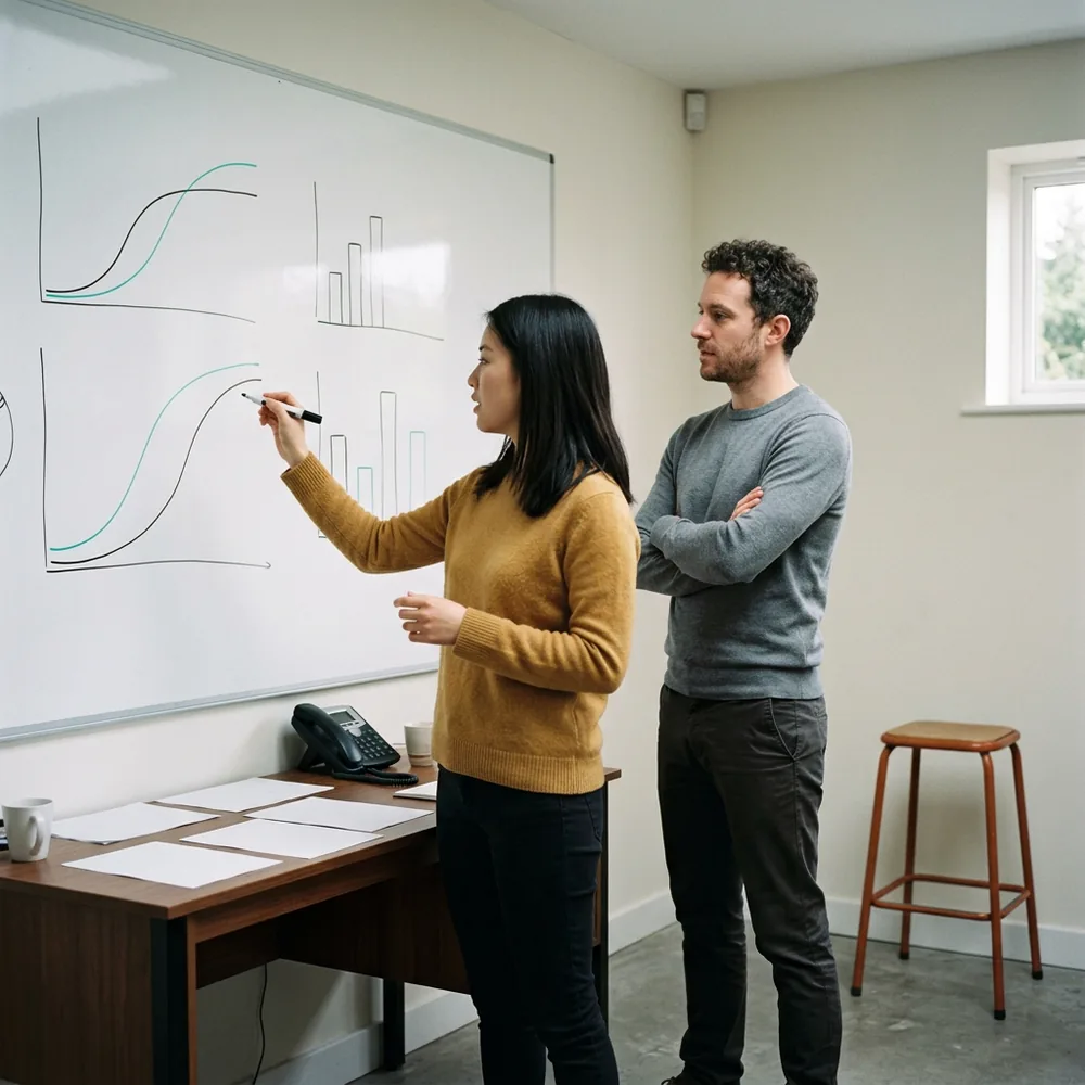 Two media analysts at a whiteboard covered in hand-drawn rising curves and bar sketches, one holding a marker, an orange stool beside them