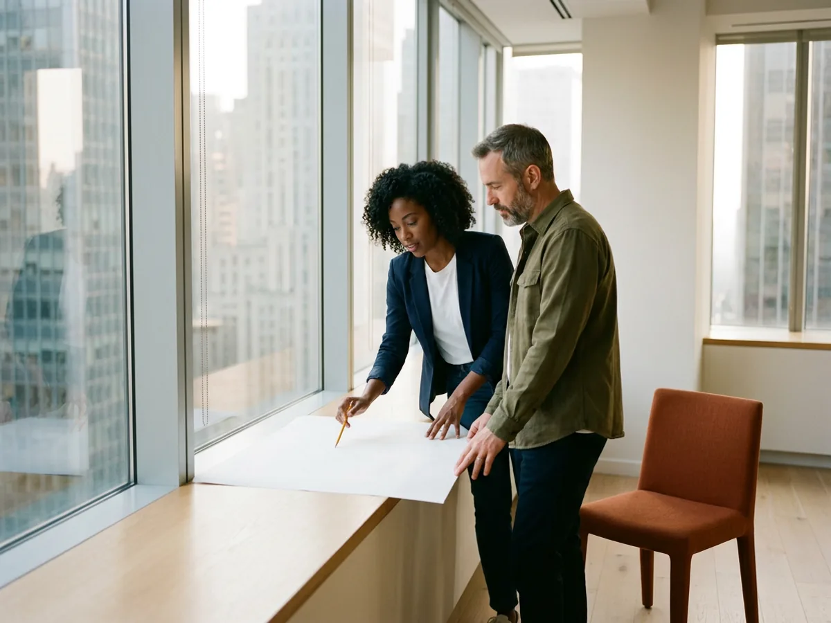 Two media planners at a window ledge on a high floor in Midtown Manhattan reviewing a large blank sheet together, an orange chair beside them