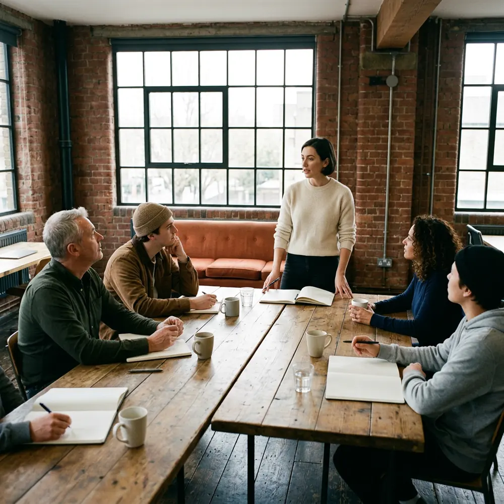 Six people around shared wooden tables in a small loft agency office with exposed brick, notebooks and coffee cups out and an orange sofa under the window