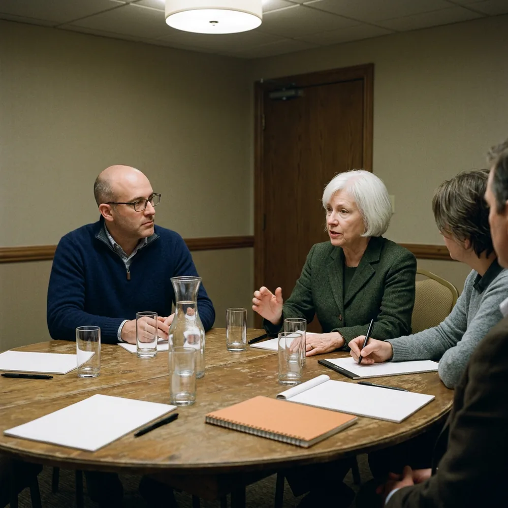 Medical director in glasses and a navy sweater listening while a physician in a green jacket makes a point at a round table advisory meeting with notepads and water glasses