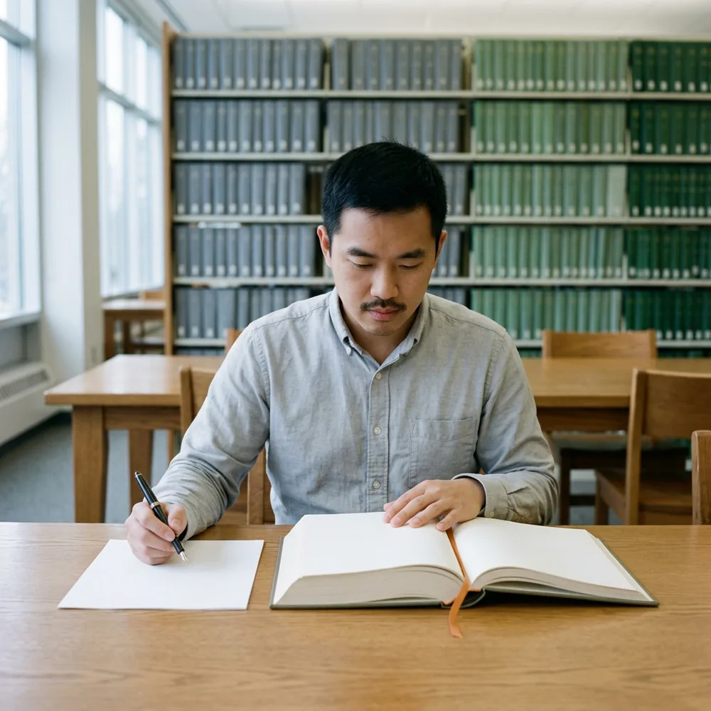 Medical information pharmacist in a grey shirt reading a bound journal volume at a library table, pen in hand over a blank letter, shelves of bound journals behind him