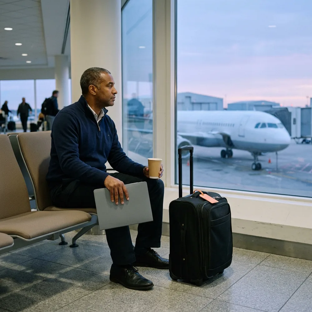 Field medical science liaison in a navy sweater waiting at an airport gate at dawn with a coffee, a grey folder and a carry-on bag with an orange luggage tag