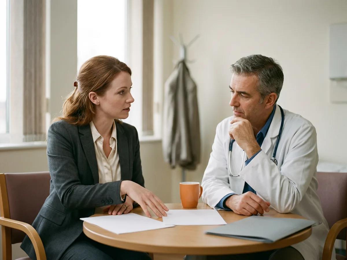 Medical science liaison in a charcoal blazer walking a hospital cardiologist in a white coat through printed pages at a small round table, an orange mug beside them