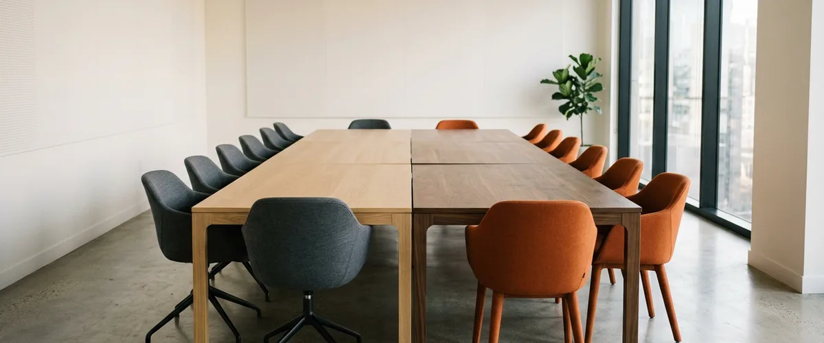 Empty meeting room where an oak table with gray chairs and a walnut table with burnt orange chairs have been pushed end to end, meeting at a visible seam