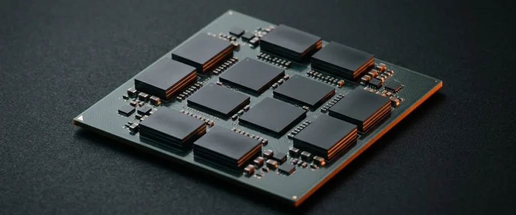 Advanced AI accelerator chip package with dark compute chiplets and memory stacks on a substrate under warm orange rim light