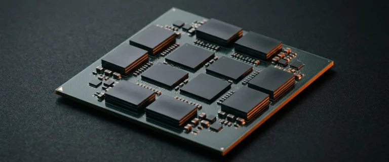Advanced AI accelerator chip package with dark compute chiplets and memory stacks on a substrate under warm orange rim light