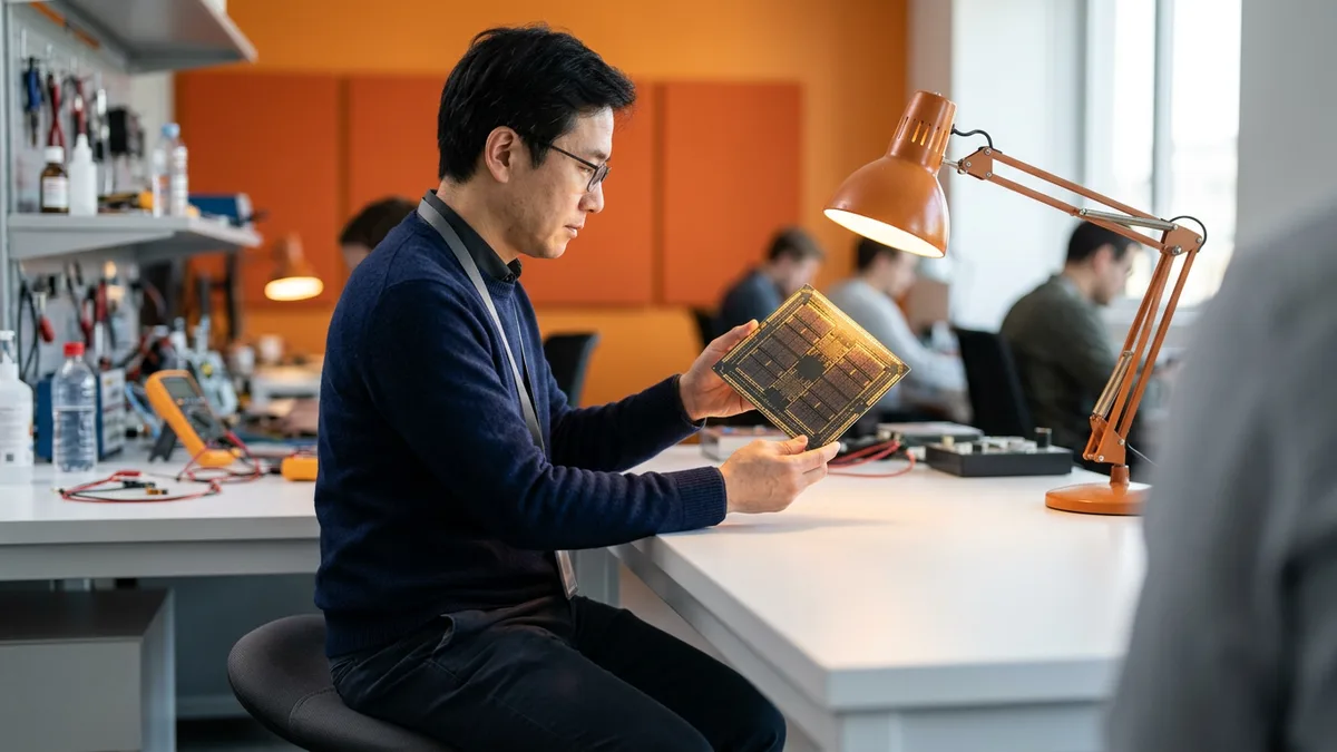 Hardware engineer in a navy sweater holding a large AI accelerator chip package under an orange desk lamp in a design lab