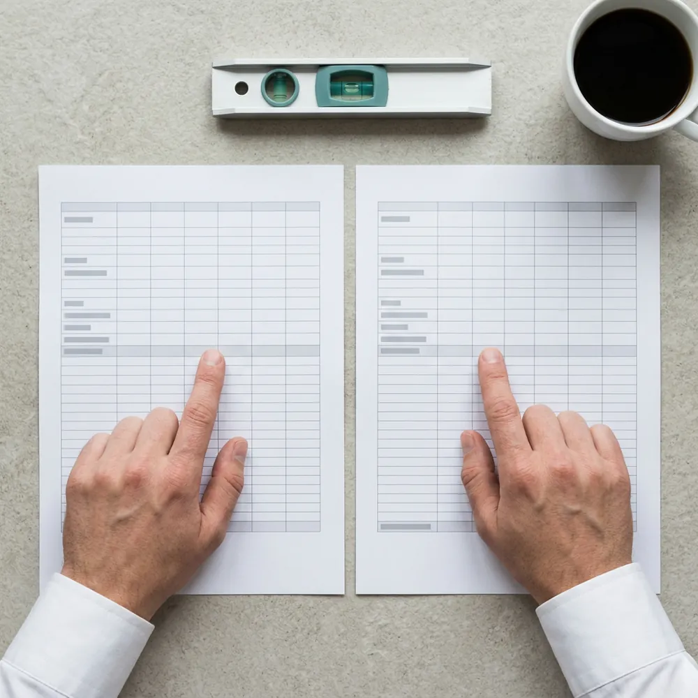 Two hands comparing matching rows on two printed tables side by side, the underwriting case and the reporting that followed, with a small spirit level above