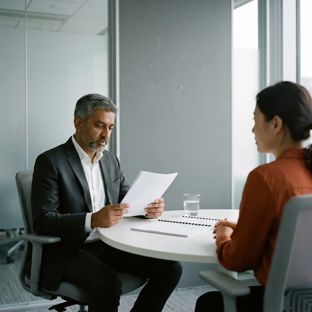 Credit committee member reading a short stapled calibration memo across a round meeting table from a colleague, a bound deal report on the table between them