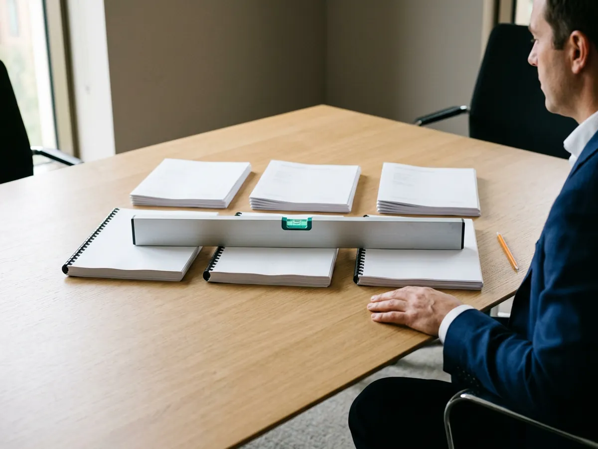Three bound underwriting reports and the reporting that followed each one, laid out on a boardroom table with an aluminium spirit level across them, for a model calibration study