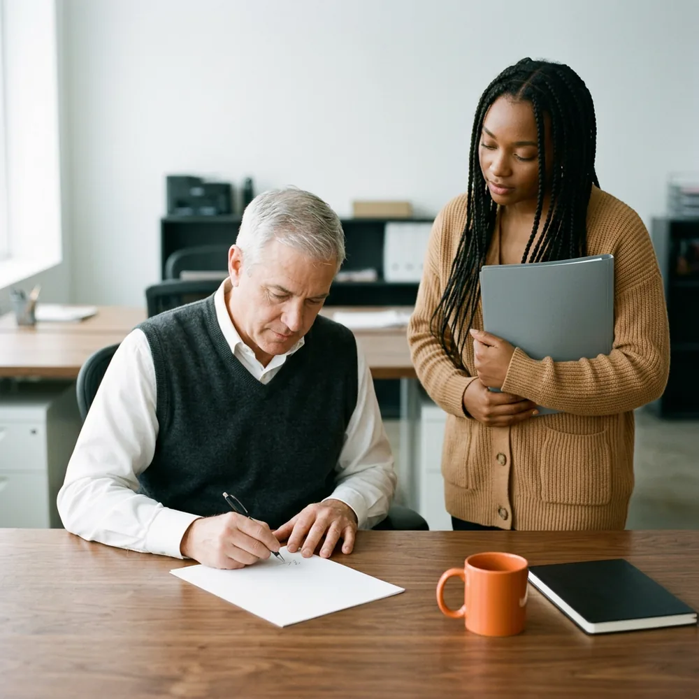 Controller with silver hair signs a printed reconciliation at a desk while a contract accountant stands beside them holding a closed folder, an orange mug and a notebook nearby