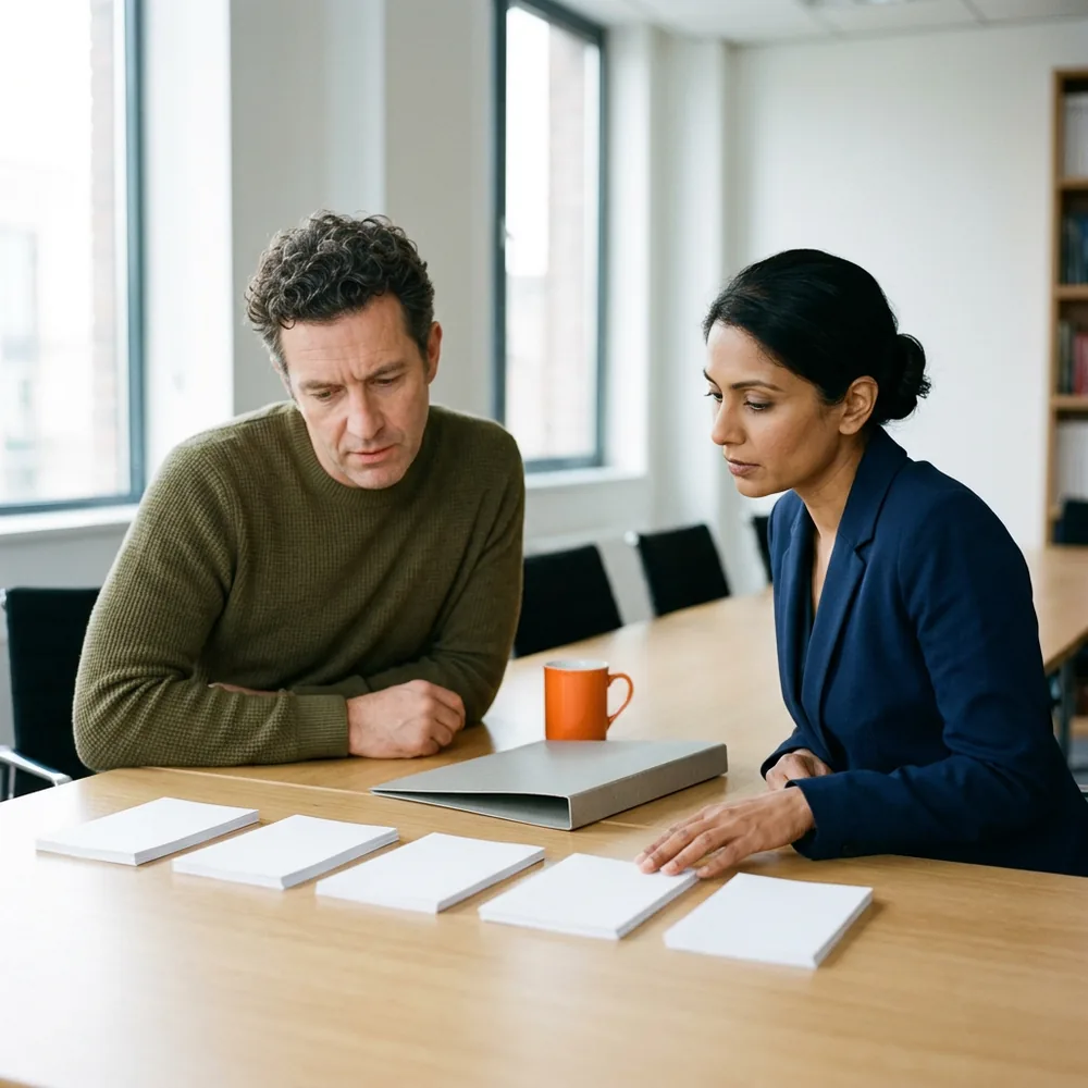 Finance director and a consultant sit at a table with several small stacks of printed statements laid out in a row, a closed folder and an orange mug between them