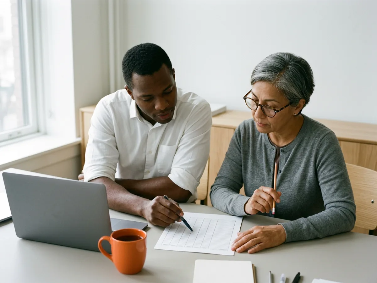 Controller in a grey cardigan reviews a printed reconciliation while a contract accountant beside them points to one line, a laptop and an orange mug on the desk