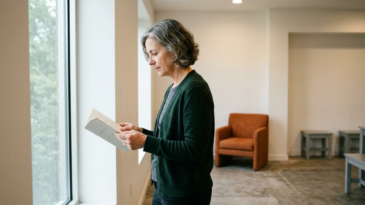 Controller reading a printed month-end close sign-off packet beside a tall window in a quiet office
