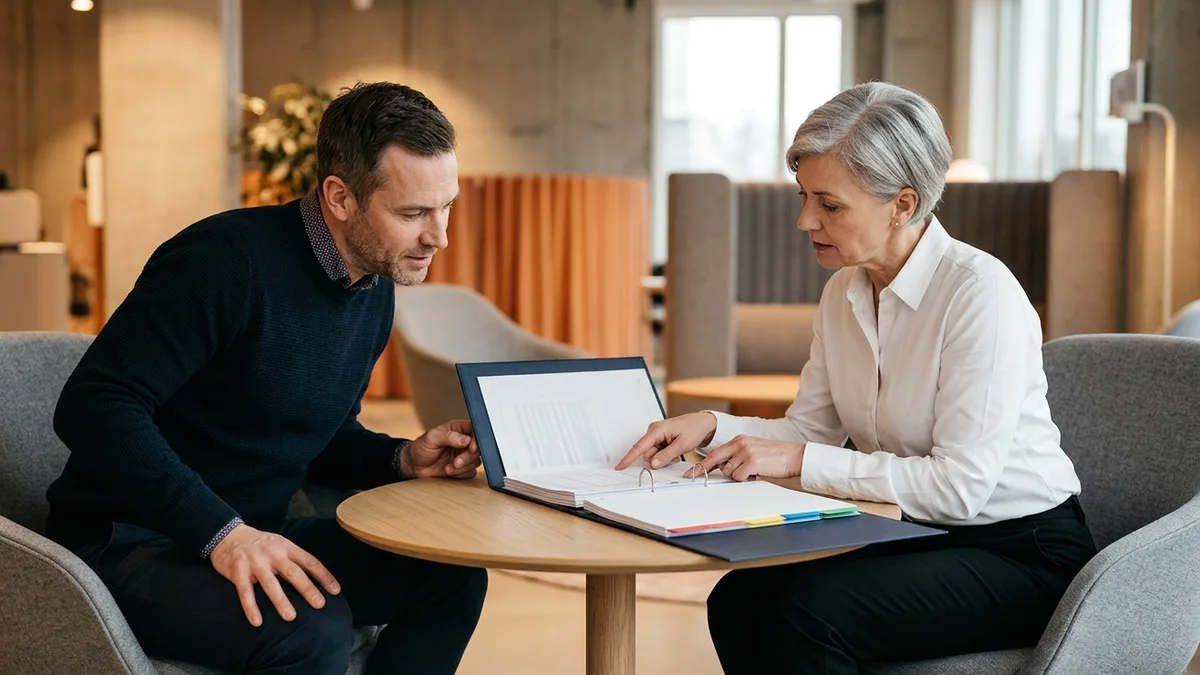 Data engineer and business systems analyst reviewing a month-end close handoff binder with blank index tabs at a small round table