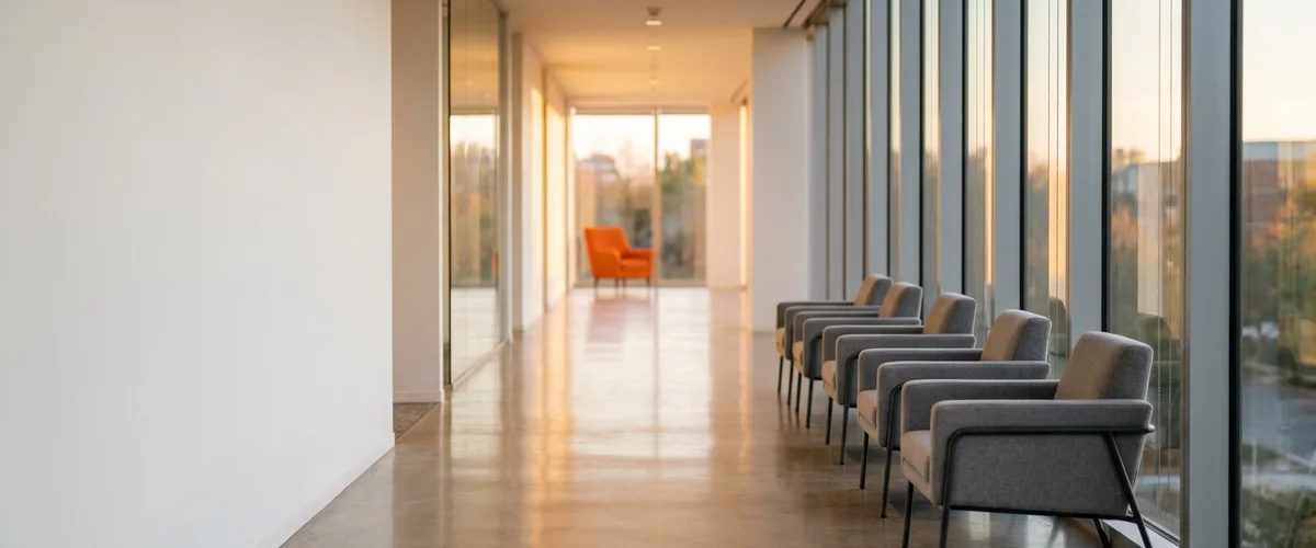 Quiet glass-walled office corridor at dusk with a row of empty gray chairs and one orange armchair at the far end
