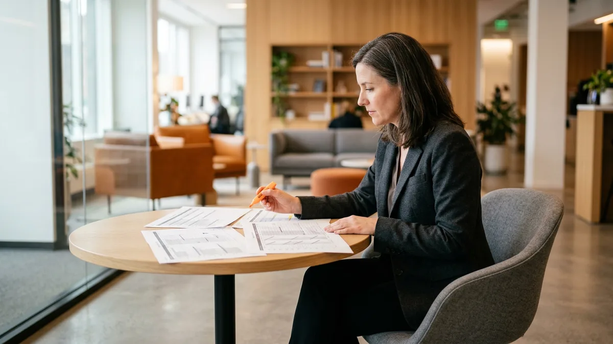 Senior accountant marking a printed reconciliation schedule with an orange highlighter at a round table, the first seat on a month-end close contractors team