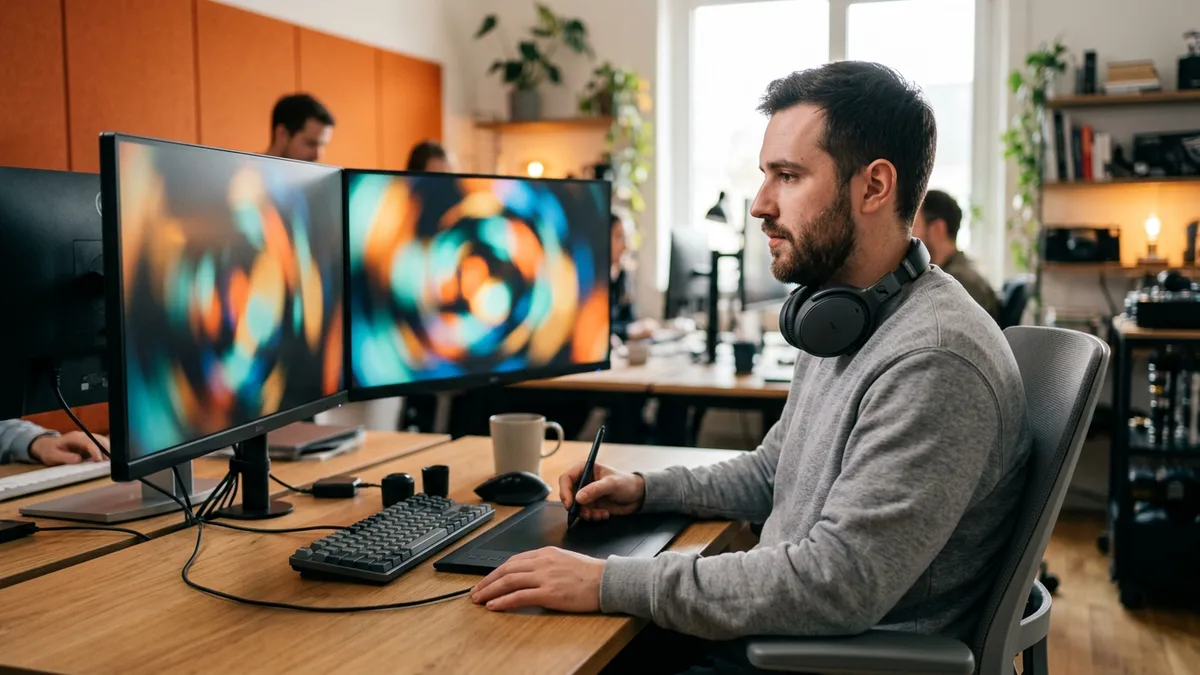 Motion designer drawing on a pen tablet at a dual-monitor workstation in a creative studio with an orange accent wall