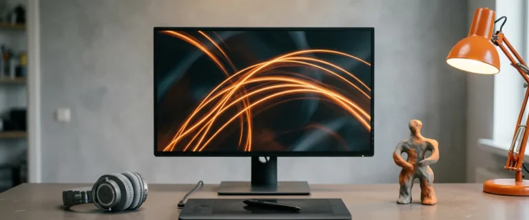 Motion designer workstation with a pen tablet, headphones, clay maquette and orange light trails on the monitor