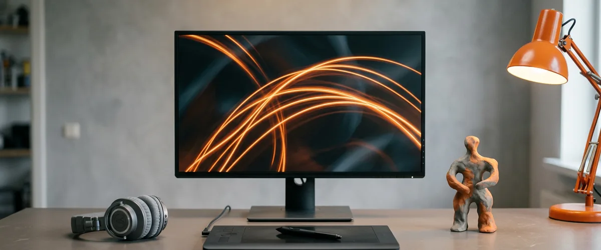 Motion designer workstation with a pen tablet, headphones, clay maquette and orange light trails on the monitor