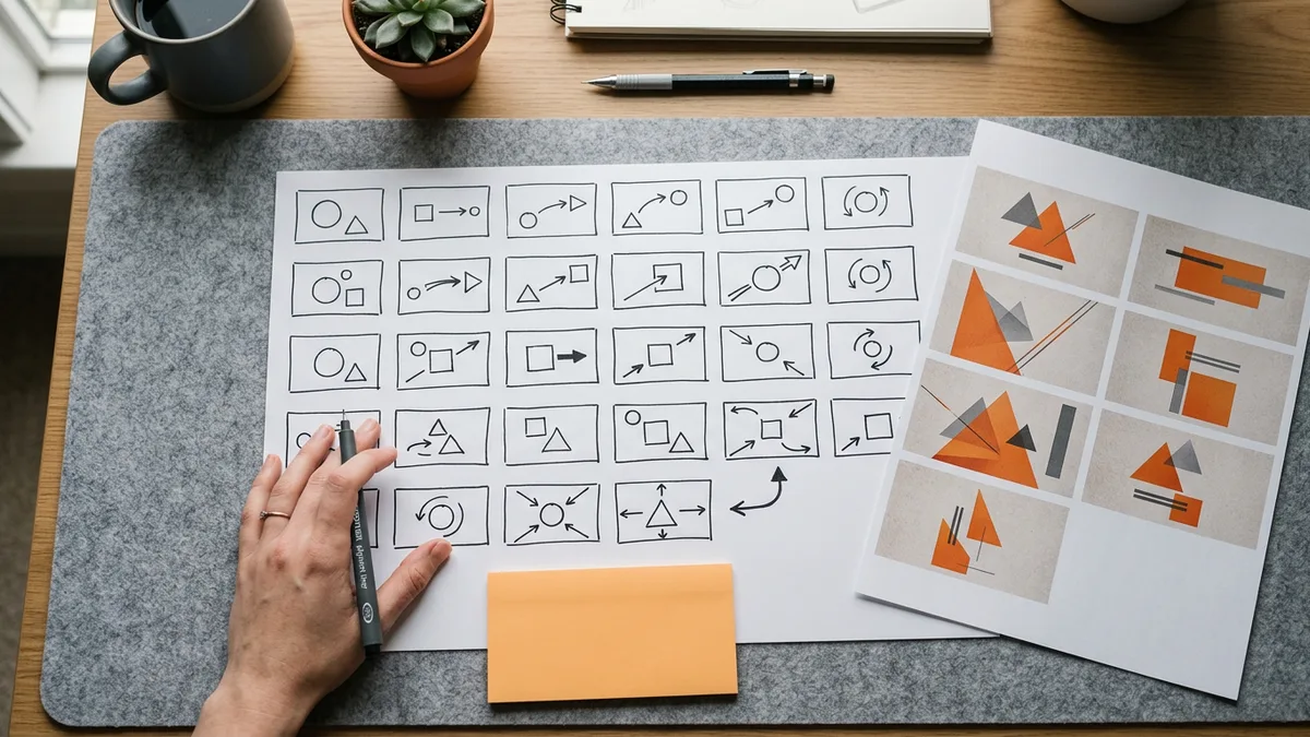 Hand-drawn motion design storyboard thumbnails beside printed orange and gray style frames on a felt desk mat
