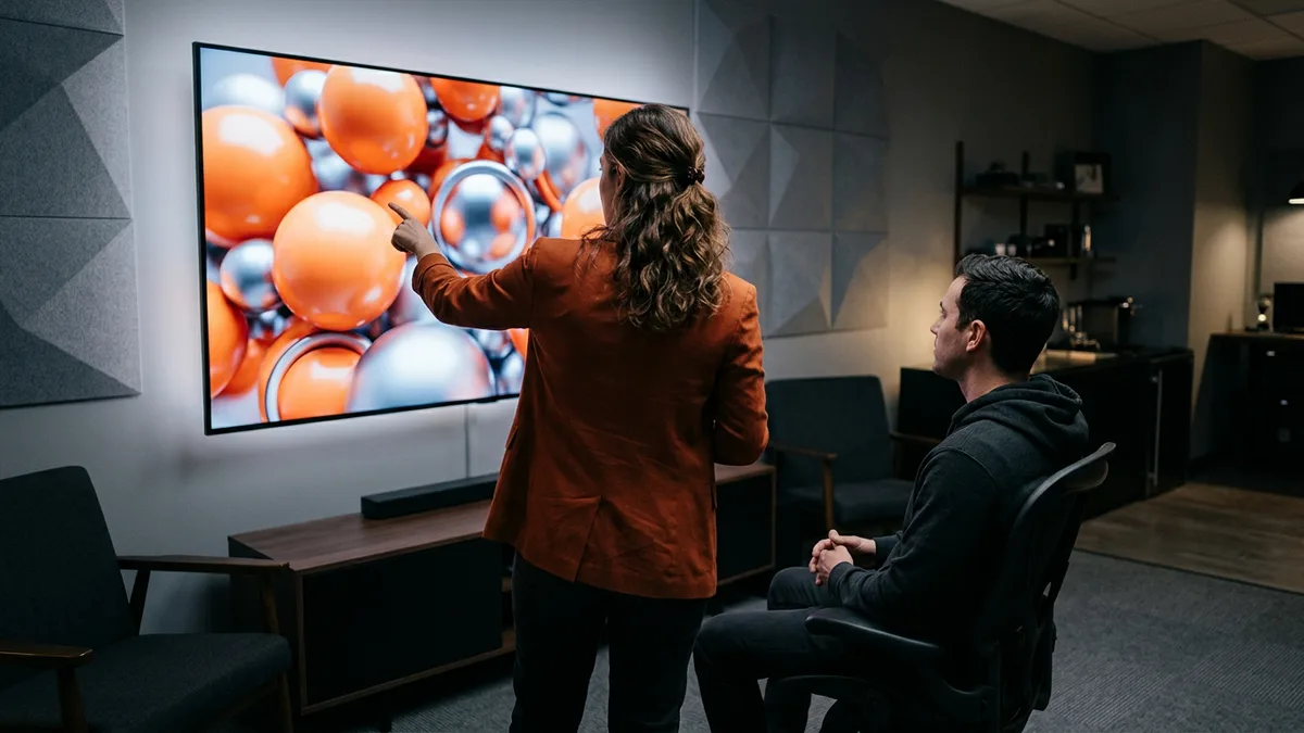 Creative lead pointing at a 3D render of orange and silver spheres on a wall screen while a motion designer watches