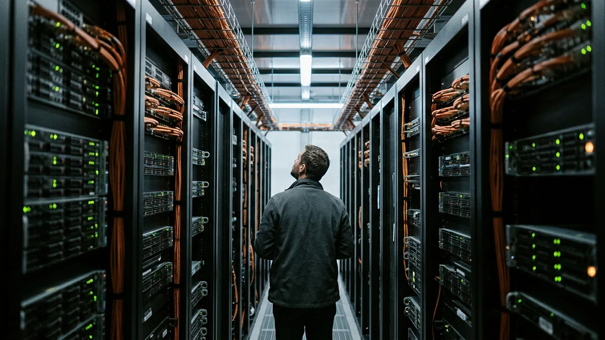 Network engineer looking up at orange cable trays in a data center aisle between rows of server racks, the kind of edge infrastructure behind video streaming