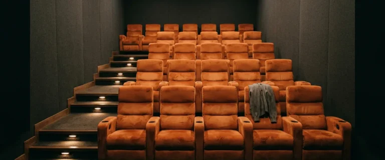 Empty private screening room with tiered burnt orange velvet seats and a gray cardigan left draped over one seat