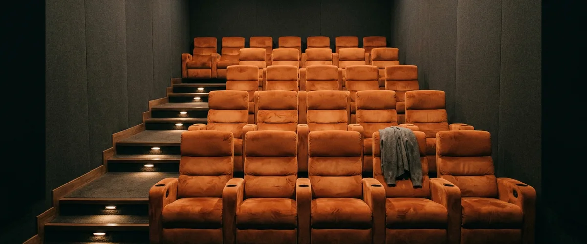 Empty private screening room with tiered burnt orange velvet seats and a gray cardigan left draped over one seat