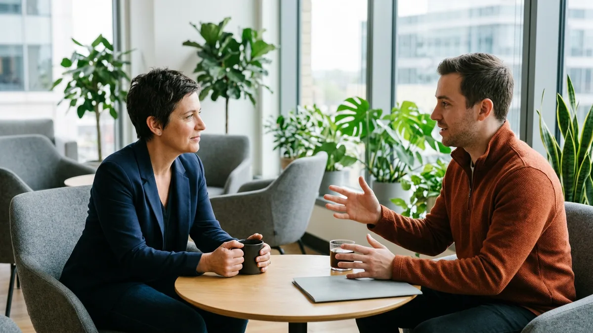 Hiring manager in a navy blazer listening while a recruiter in an orange quarter-zip explains a streaming engineering search at a small office table