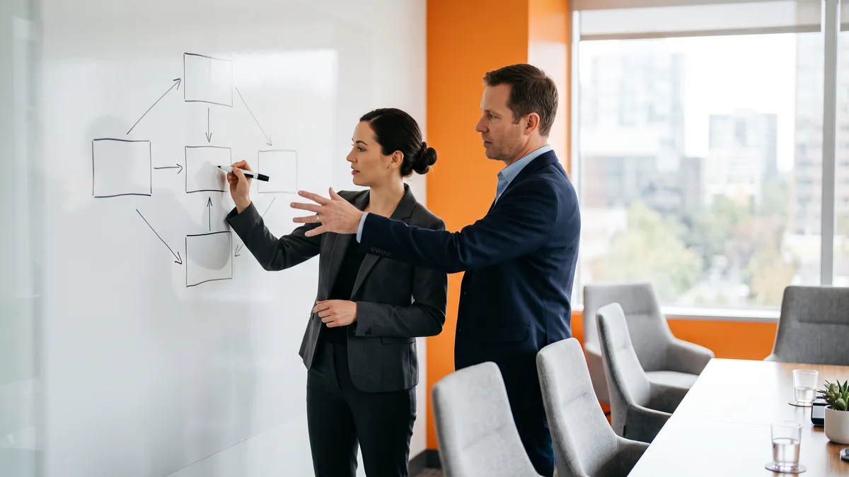 Contract NetSuite administrator and controller at a whiteboard mapping integrations and scheduled jobs during the first week of coverage