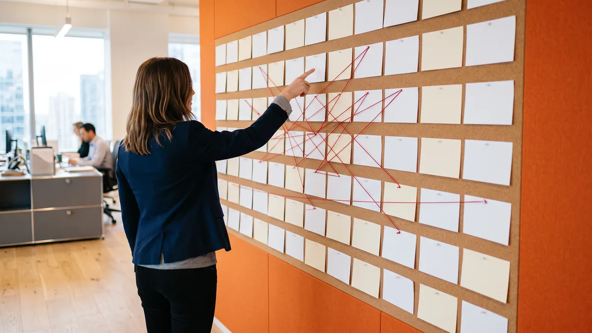 Person pointing at a wall of blank index cards tied together with red string, the undocumented process knowledge behind a NetSuite admin