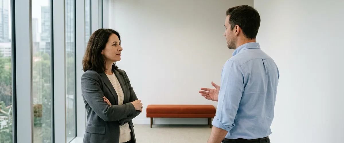 Controller and NetSuite consultant talking through native AP automation versus a third-party AP tool beside an office window