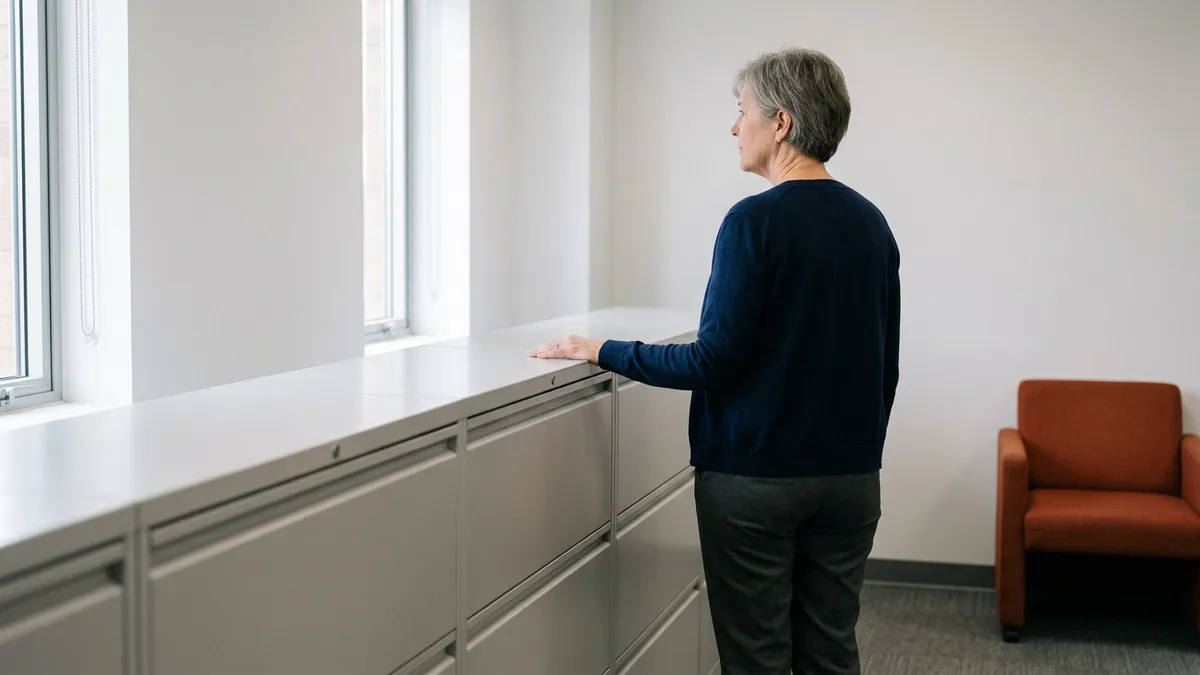Accounts payable manager standing at filing cabinets in a records room, weighing NetSuite approval routing and vendor payment controls