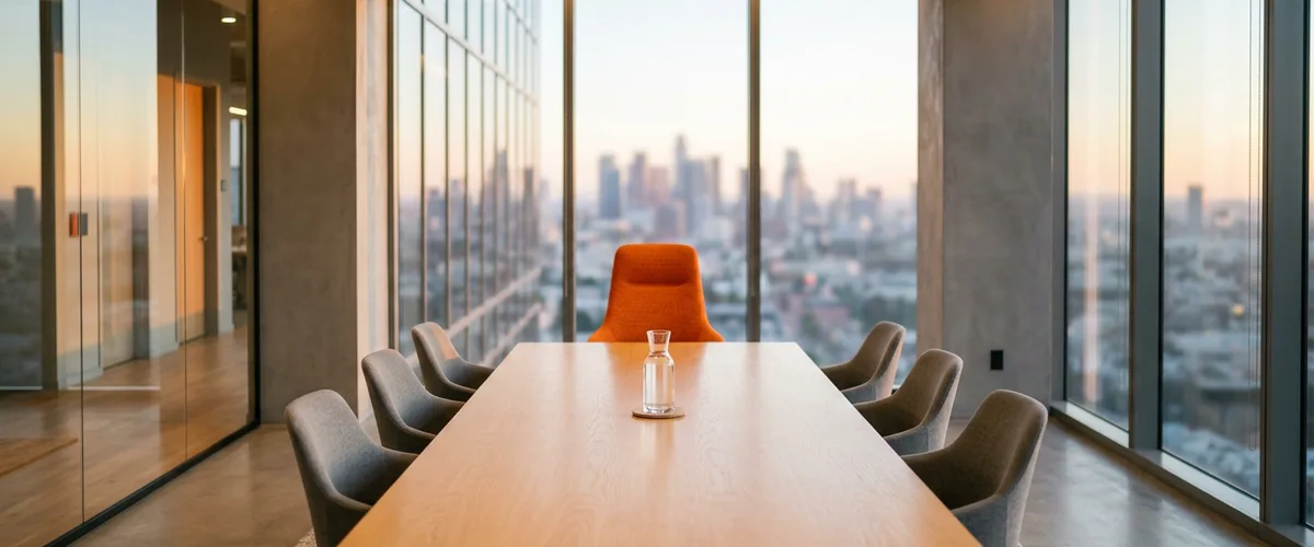 Empty glass-walled conference room at dawn with a long oak table, six gray chairs, and one orange chair pulled back at the head