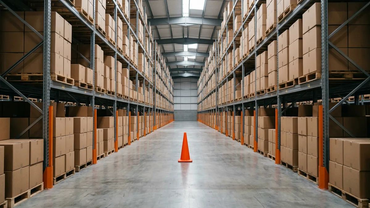 Empty warehouse aisle between tall steel pallet racking stacked with plain cardboard boxes and one orange safety cone on the concrete floor