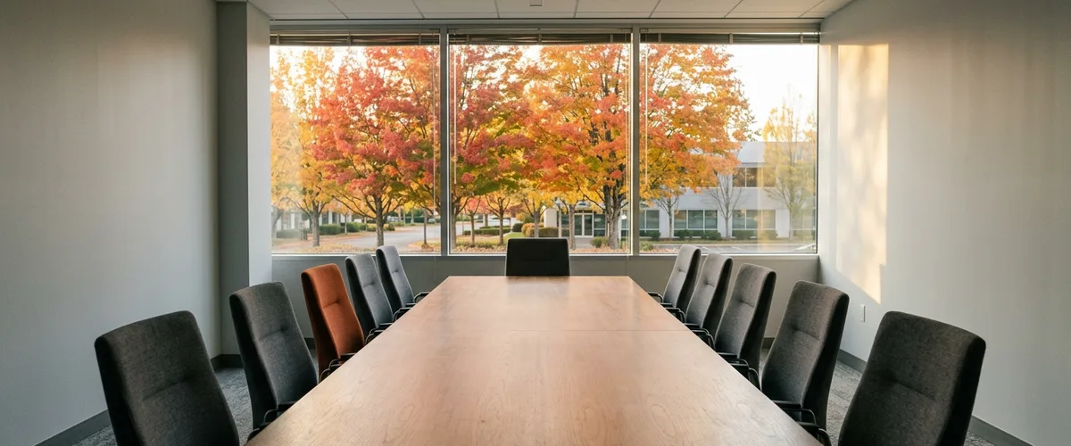 Empty conference room with orange and charcoal chairs and autumn trees outside the window during budget season