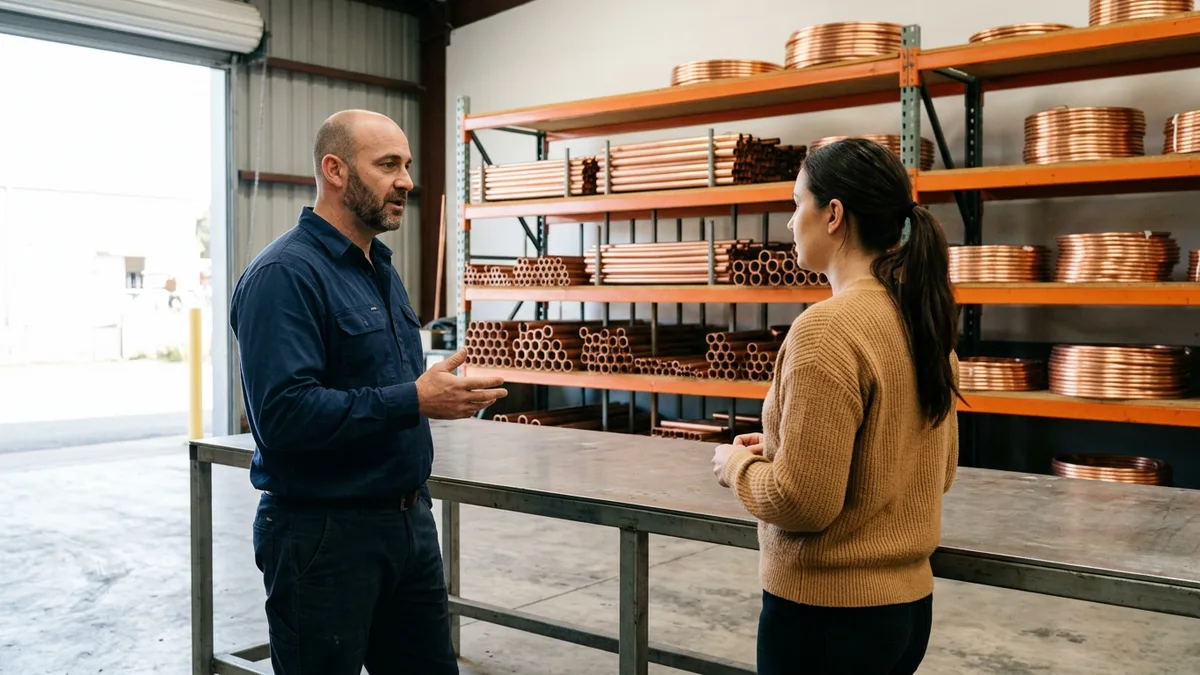 HVAC branch manager explaining budget drivers to a finance analyst in a stockroom lined with copper pipe