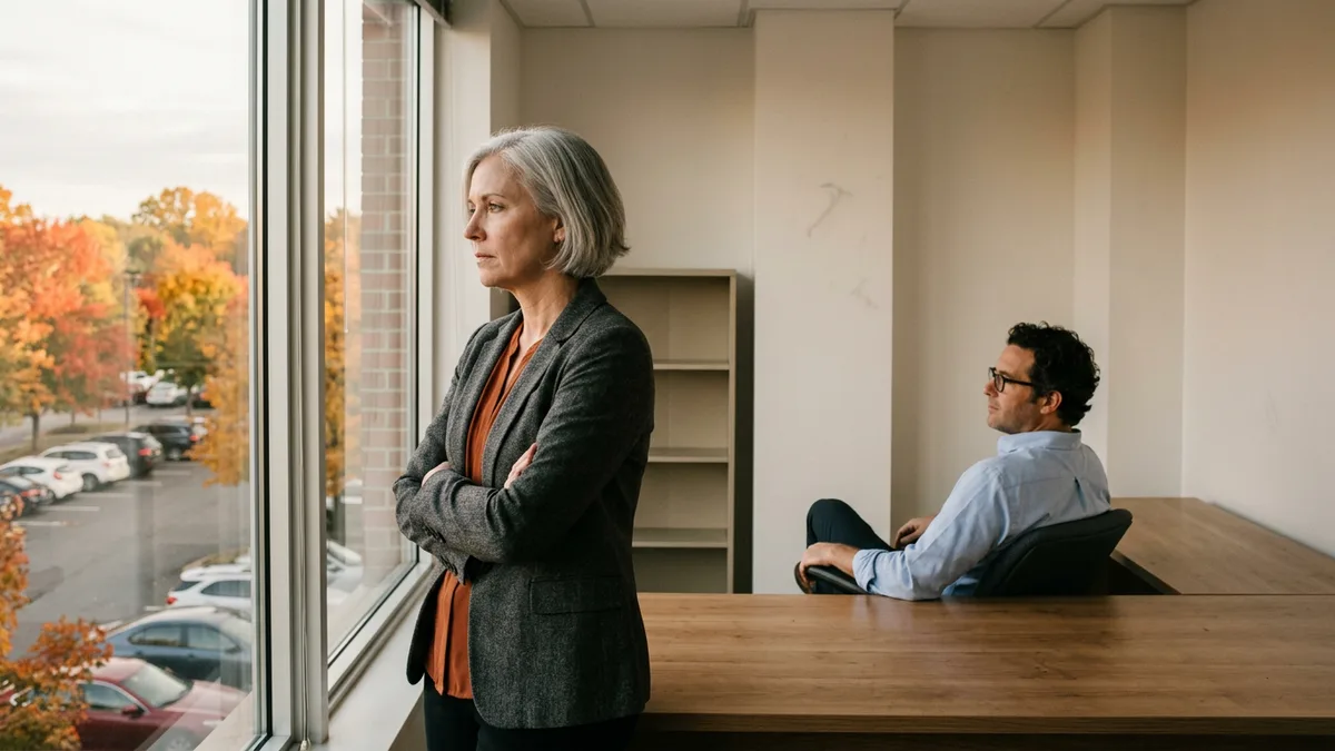 CFO standing at an office window in autumn while a finance colleague waits at the desk before budget season
