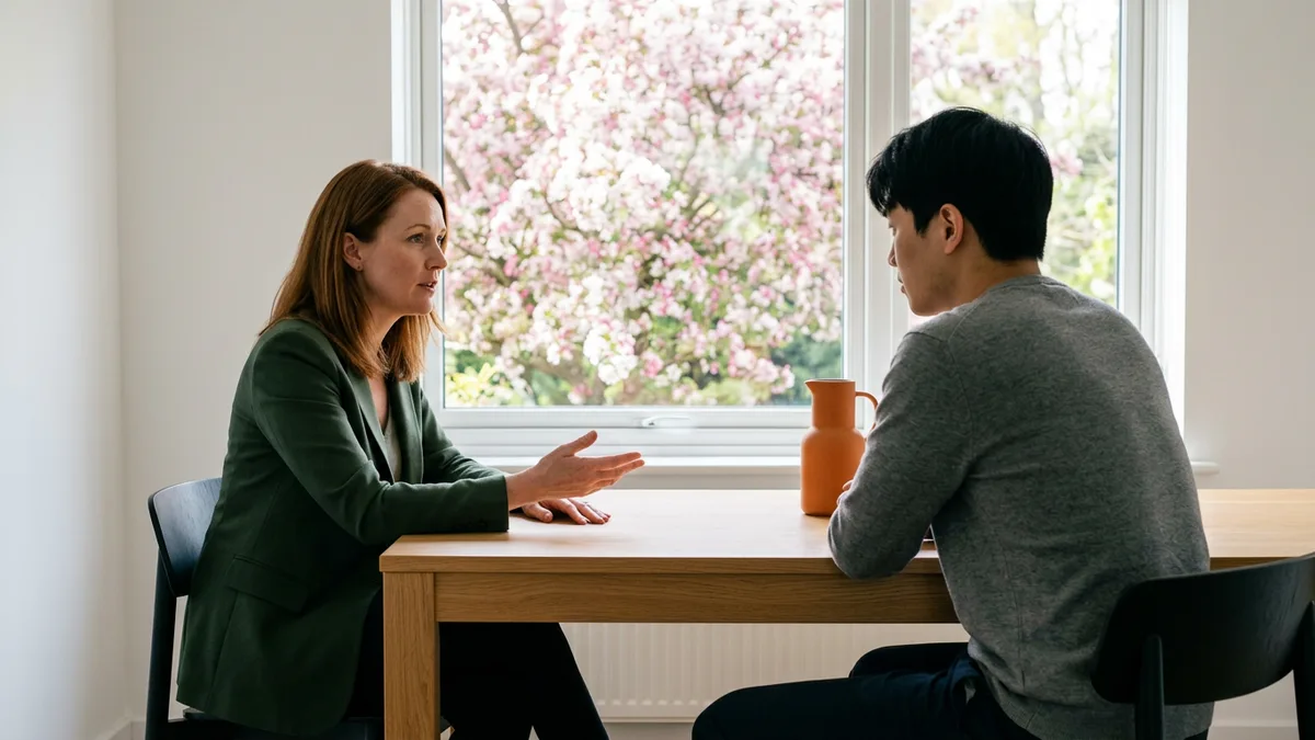Planning consultant handing off a budget model to an FP&A analyst in a bright meeting room in spring