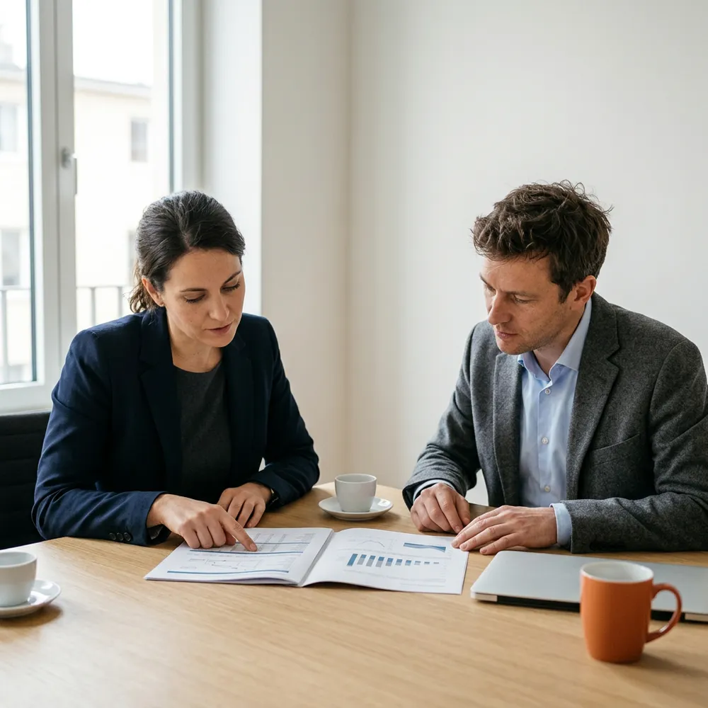 Two NetSuite consultants comparing two project setup documents side by side on a meeting room table