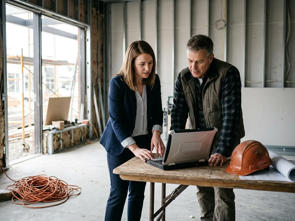 Project accountant and a site superintendent reading a job cost summary on a laptop inside a half-finished retail store